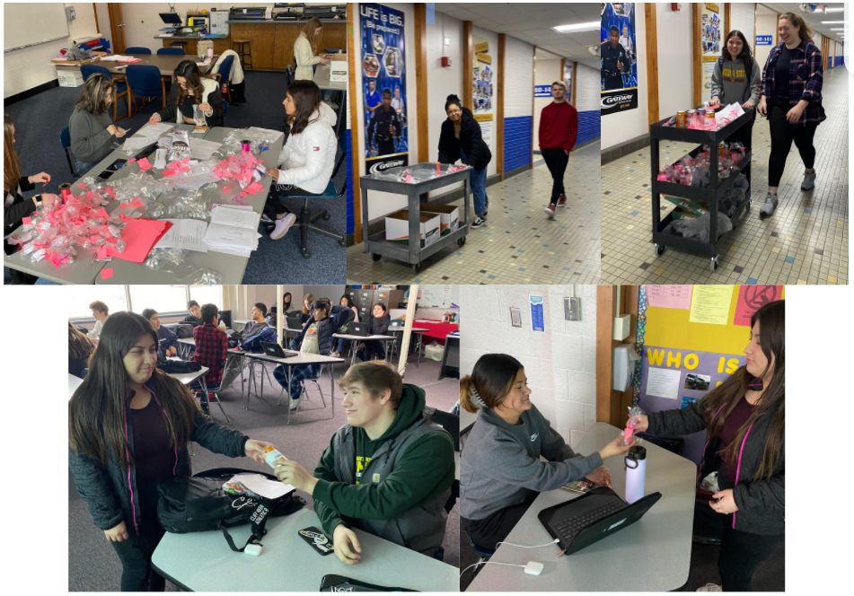 Collage of students working together to assemble Valentine's Day card in classrooms, and then disperse them by rolling carts full of cards down the school hallways